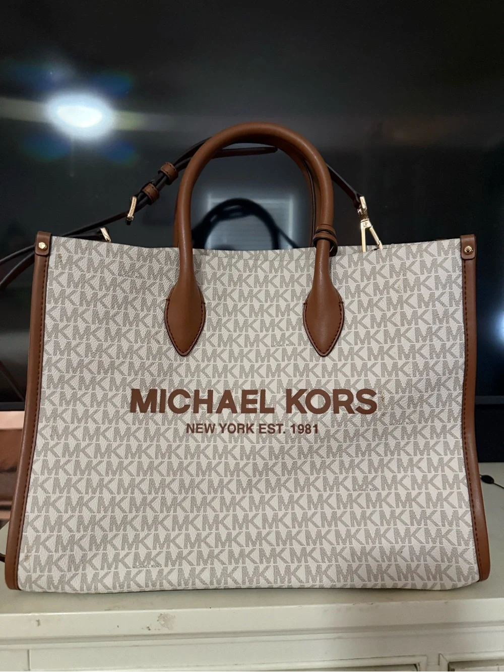 Michael Kors Brown & Cream MK Logo Tote Messenger Bag